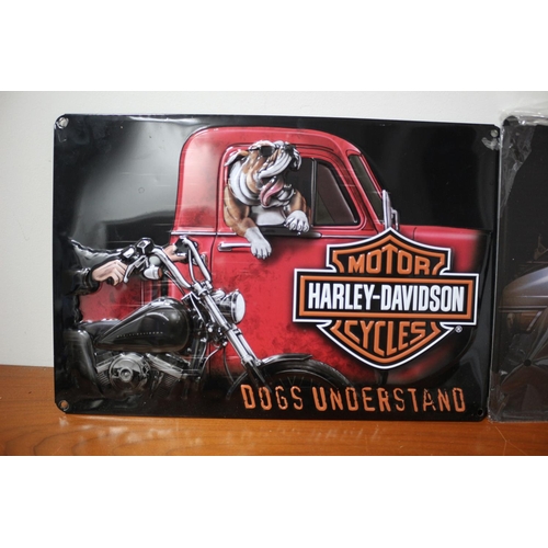 67 - 2 Harley Davidson Tin Signs, Largest is 43 x 29 cm