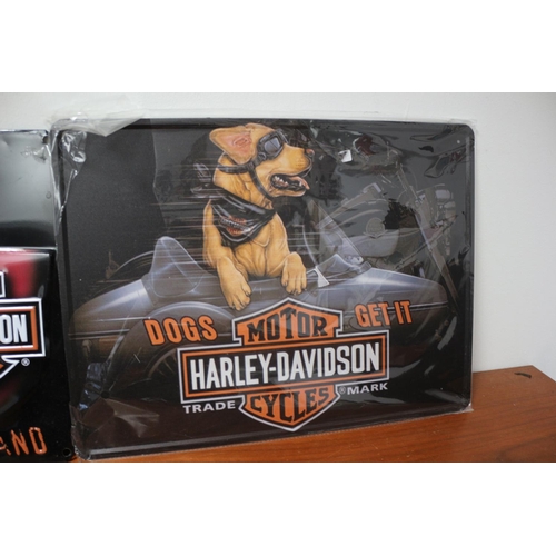 67 - 2 Harley Davidson Tin Signs, Largest is 43 x 29 cm