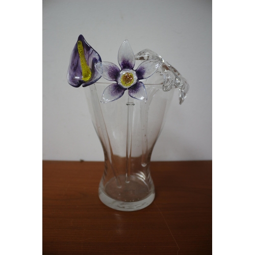 105 - Vase with 3 Glass Flowers, Vase is 19.5cm