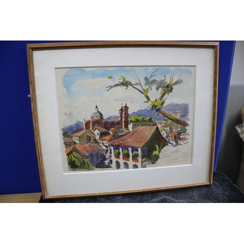 228 - Framed Watercolour of Town with Signature, 43.5cm x 36cm