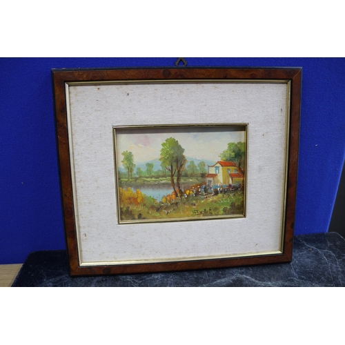 229 - Unusual Oil on Board of House Over Lake, Signed, 31.5cm x 27.5cm