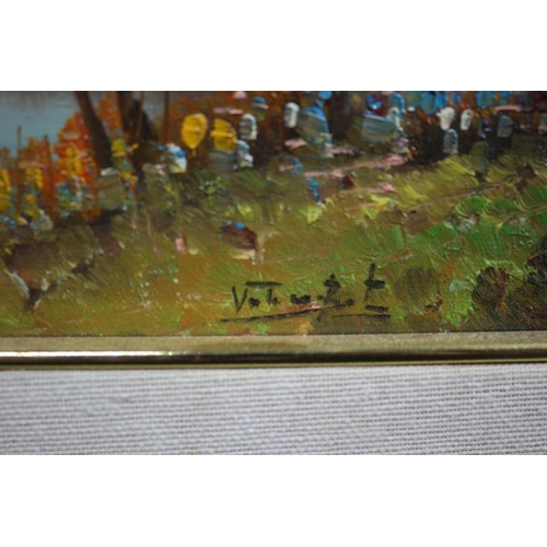 229 - Unusual Oil on Board of House Over Lake, Signed, 31.5cm x 27.5cm