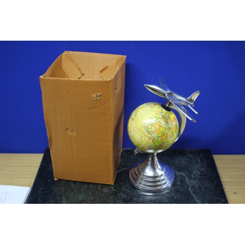 298 - New - Boxed Globe with Aluminium Jet Plane Finial and Base - 30cm