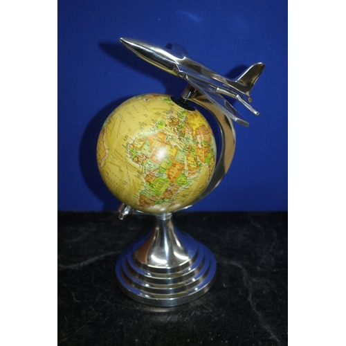 298 - New - Boxed Globe with Aluminium Jet Plane Finial and Base - 30cm