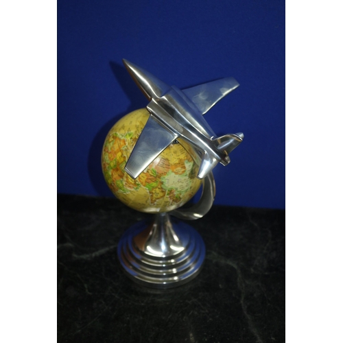 298 - New - Boxed Globe with Aluminium Jet Plane Finial and Base - 30cm