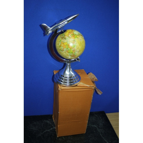 299 - New - Boxed Globe with Aluminium Jet Plane Finial and Base - 30cm