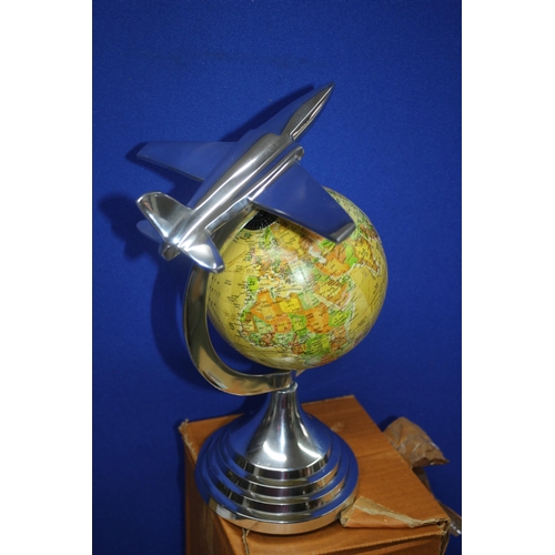 299 - New - Boxed Globe with Aluminium Jet Plane Finial and Base - 30cm