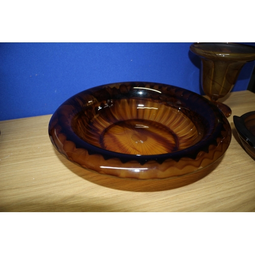 12 - Davidson Cloud Glass bowl, stand and Base.
Bowl is 28cm x 6cm
Stand is 20cm x 4.5cm
Vase is 14cm x 1... 