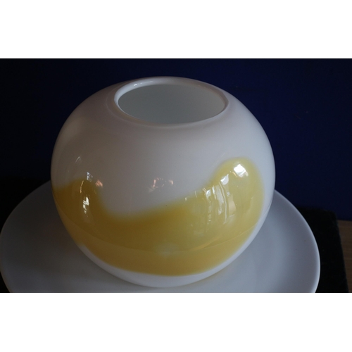 152 - Yellow and White Glass Pot & Dish, Large Dish has chip, Hand Blown, Polished Pontil