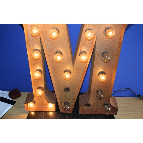 168 - Large Metal M Sign, needing x8 Bulbs, 61.5cm Tall