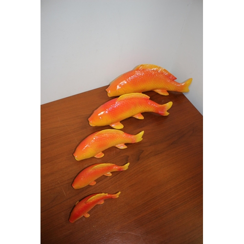 293 - Set of 5 Wall Hanging Gold Fish, Biggest is 38cm, smallest is 15.5cm