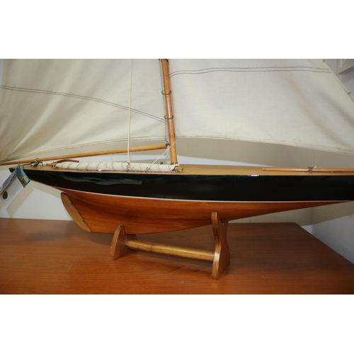 304 - Large Wooden Scale Model of a Sailboat on Stand, 110 x 100, Labelled