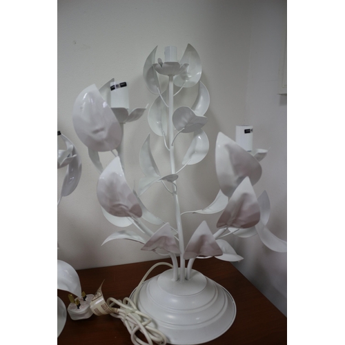 327 - Pair of Metal White Table Lamps, Floral, 56cm High