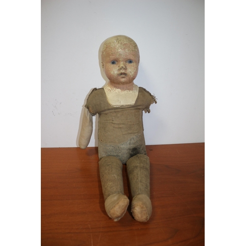 357 - Antique Straw Filled Doll, 60cm laying down, includes squeaker