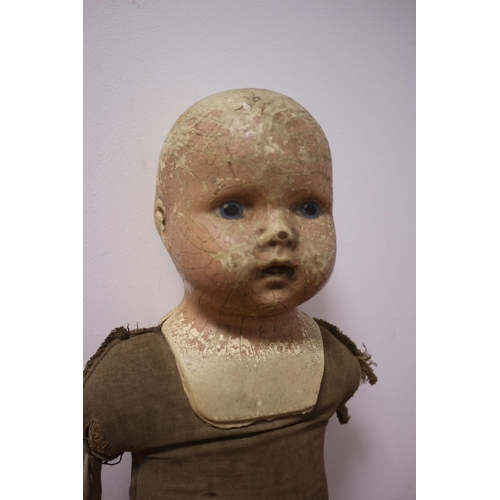 357 - Antique Straw Filled Doll, 60cm laying down, includes squeaker