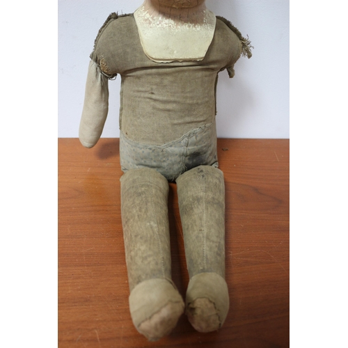 357 - Antique Straw Filled Doll, 60cm laying down, includes squeaker