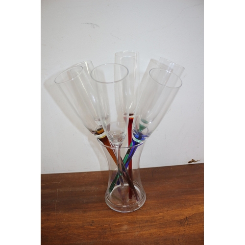 666 - Vase & 6 Champagne Flute Glasses with Different Coloured Stems with box