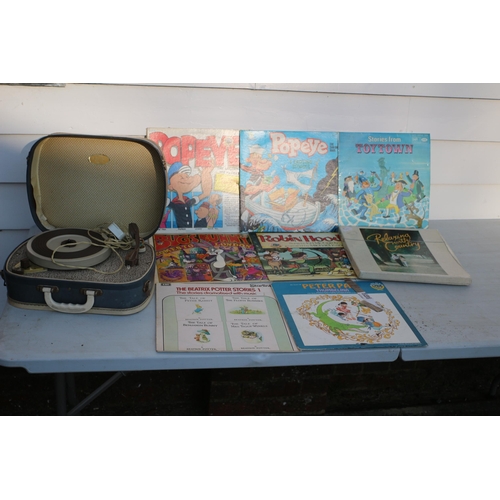 55 - Fedility Record Player & Vinyls including Popeye and Bugs Bunny Comes to London