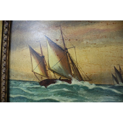 134 - Aged Oil on Board in Decorative Frame, Of Ships at Sea, 41 x 33 cm