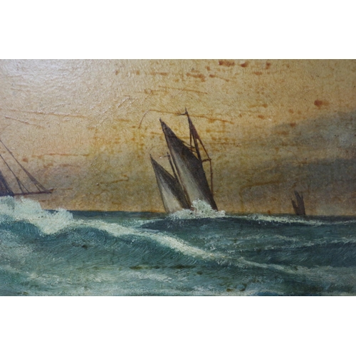 134 - Aged Oil on Board in Decorative Frame, Of Ships at Sea, 41 x 33 cm