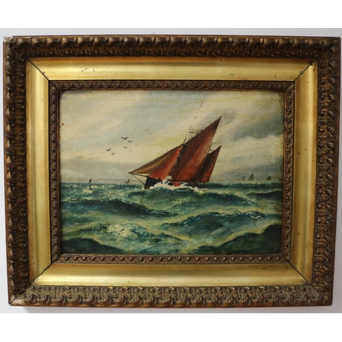 59 - Aged Oil on Board in Decorative Frame, Of Ships at Sea, Signed YBW 1915, 41 x 33 cm