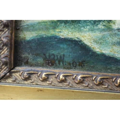 59 - Aged Oil on Board in Decorative Frame, Of Ships at Sea, Signed YBW 1915, 41 x 33 cm