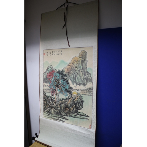 5 - Large Chinese Scene Scroll on Silk Paper with Character Marks and Stamp - 126cm