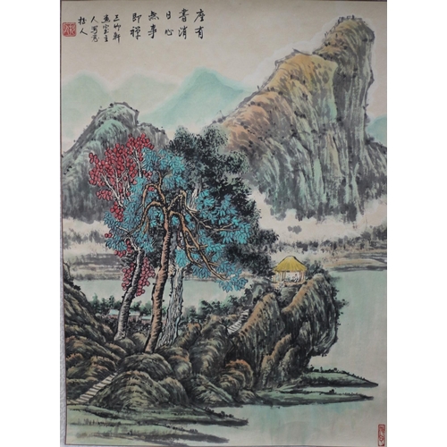 5 - Large Chinese Scene Scroll on Silk Paper with Character Marks and Stamp - 126cm