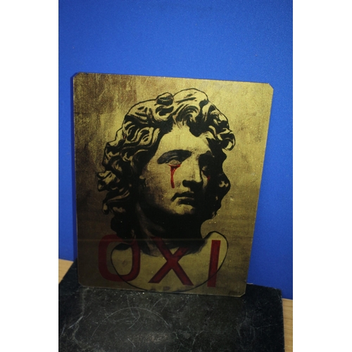 53 - Painted Glass Sheet with Statue Bust and the Words OXI on it