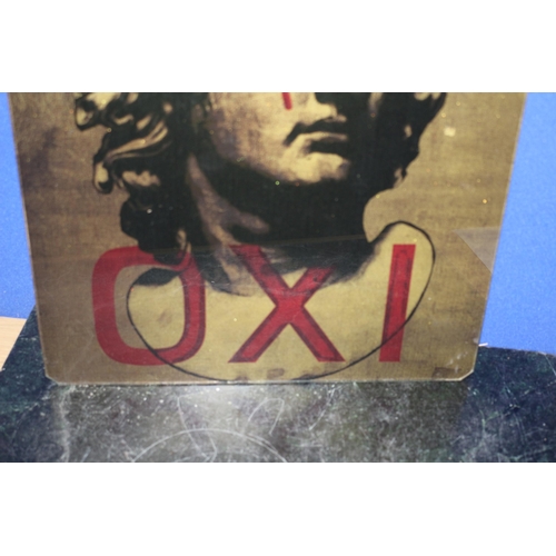 53 - Painted Glass Sheet with Statue Bust and the Words OXI on it