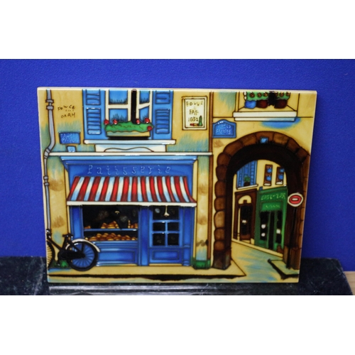 60 - Enamelled Large Tile Depicting a French Scene - Patisserie - 35.5 x 28cm