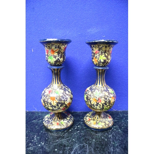 146 - Pair of Highly Decorated Candlesticks with Floral Design - 15.5cm Tall