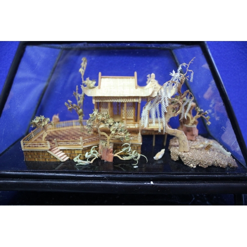 205 - Hand Made Chinese Cork Diorama in Glass Casing - 22.5cm Wide