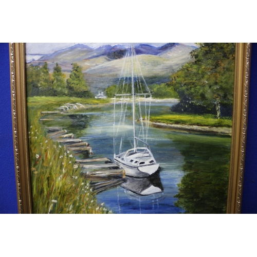 275 - Very Pleasant Sign Bottom Right Corner Oil Painting of a Sailing Boat on a River - 33.5 x 44cm