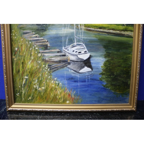 275 - Very Pleasant Sign Bottom Right Corner Oil Painting of a Sailing Boat on a River - 33.5 x 44cm