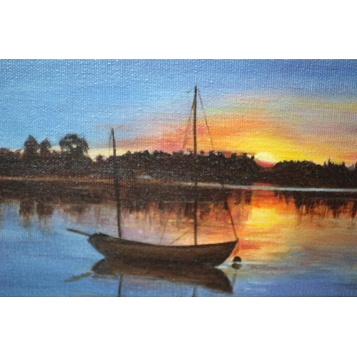 276 - Framed Painting of a Boat on a River as the Sun Sets - Signed Dawn Martin - 40.5 x 29cm