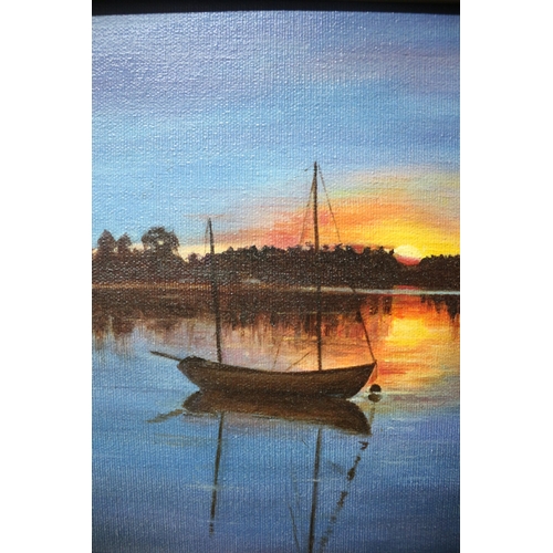 276 - Framed Painting of a Boat on a River as the Sun Sets - Signed Dawn Martin - 40.5 x 29cm