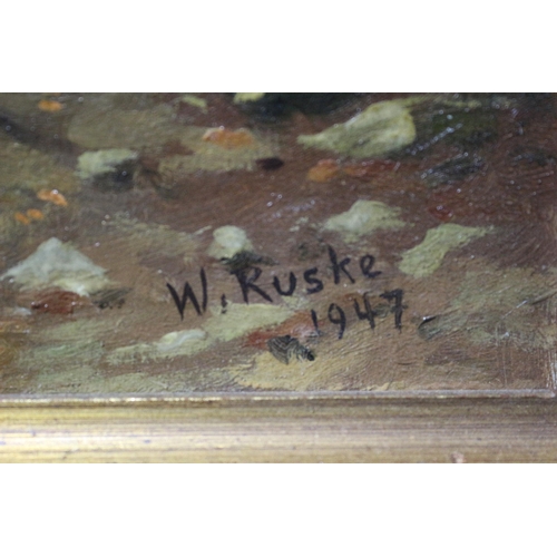 278 - Framed and Mounted Mid Century Oil on Board Painting of Deer in Woodland - Signed W. Ruske & Dated 1... 