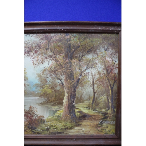 279 - Framed Oil on Board Painting of Woodland Track Scene with Stream - Signed I Cafier - 45 x 36cm