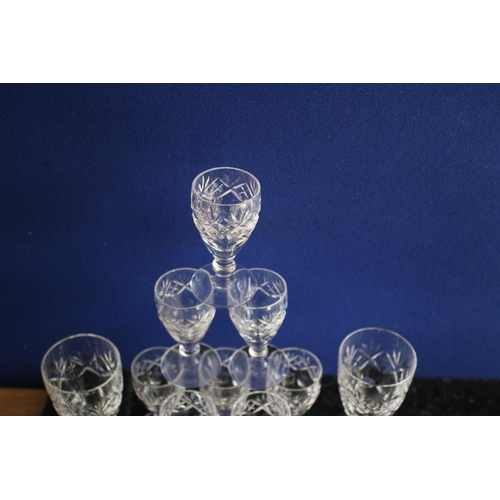 286 - Set of 6 Crystal Sherry Glasses with Intricate Pattern with further 3 Larger, Same Style, Glasses