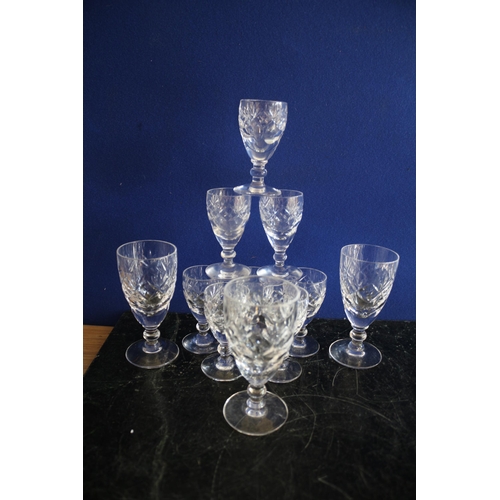 286 - Set of 6 Crystal Sherry Glasses with Intricate Pattern with further 3 Larger, Same Style, Glasses