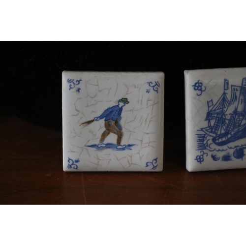 303 - 2 x Delft Miniature Tiles with Blue and White Pictures - 4 x 4cm