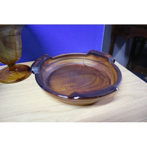 382 - Davidson Cloud Glass bowl, stand and Base.
Bowl is 28cm x 6cm
Stand is 20cm x 4.5cm
Vase is 14cm x 1... 