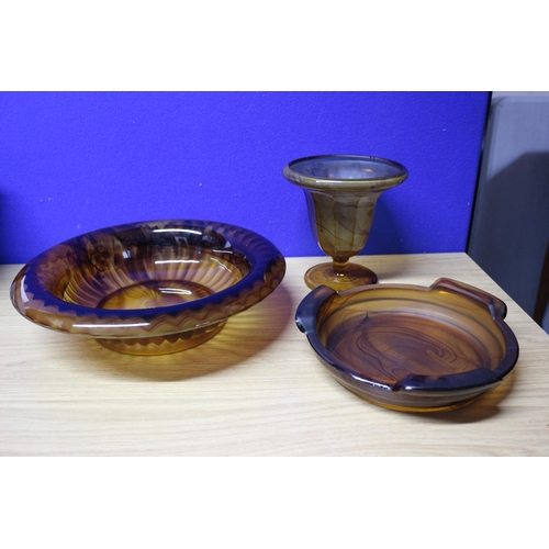 382 - Davidson Cloud Glass bowl, stand and Base.
Bowl is 28cm x 6cm
Stand is 20cm x 4.5cm
Vase is 14cm x 1... 