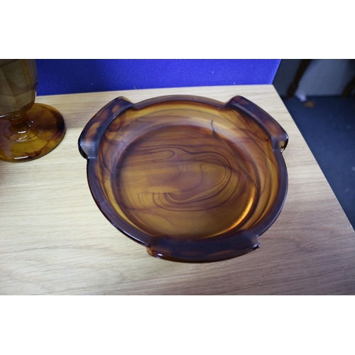 382 - Davidson Cloud Glass bowl, stand and Base.
Bowl is 28cm x 6cm
Stand is 20cm x 4.5cm
Vase is 14cm x 1... 