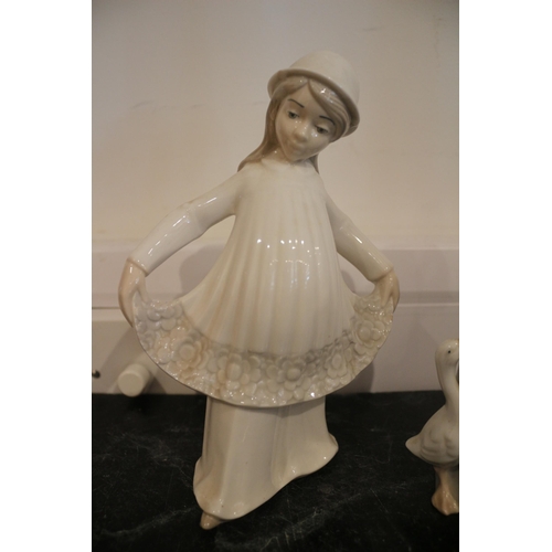 492 - 2 Figurines, Girl with Skirt has a chip, Tallest is 21cm