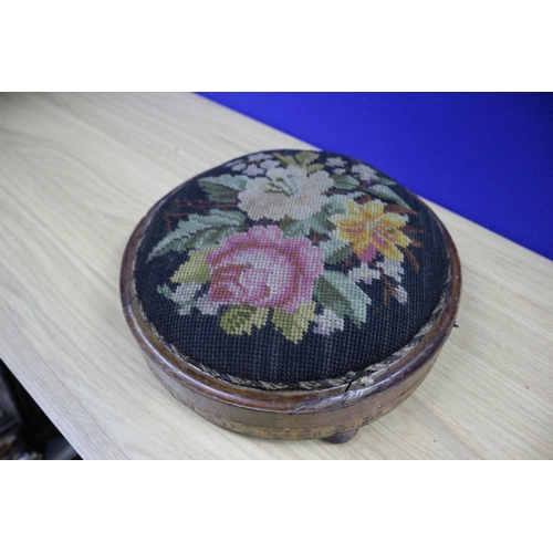 534 - Aged Embroidered top, Inlaid Wooden Stool