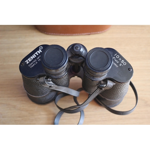 10 - Pair of Zenith Coated Optics 10 x 50 Field Binoculars in Leather Covered Case - Eye and Lens Covers