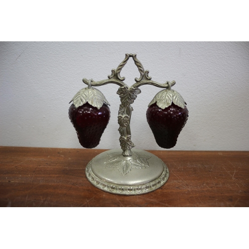 24 - Vintage Pewter Strawberry Plant Stand with Salt and Pepper Red Glass Strawberry Pots