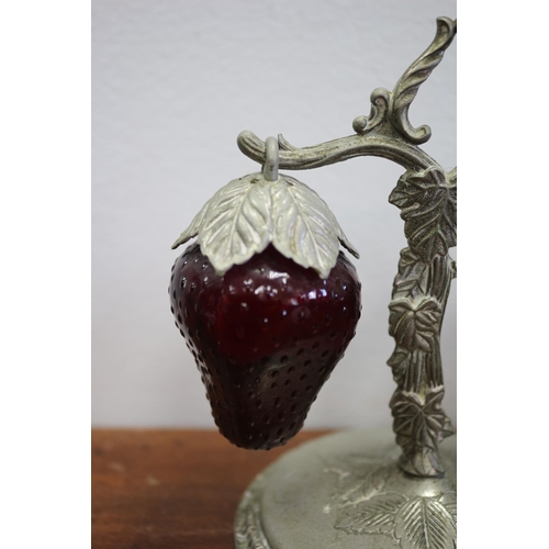 24 - Vintage Pewter Strawberry Plant Stand with Salt and Pepper Red Glass Strawberry Pots